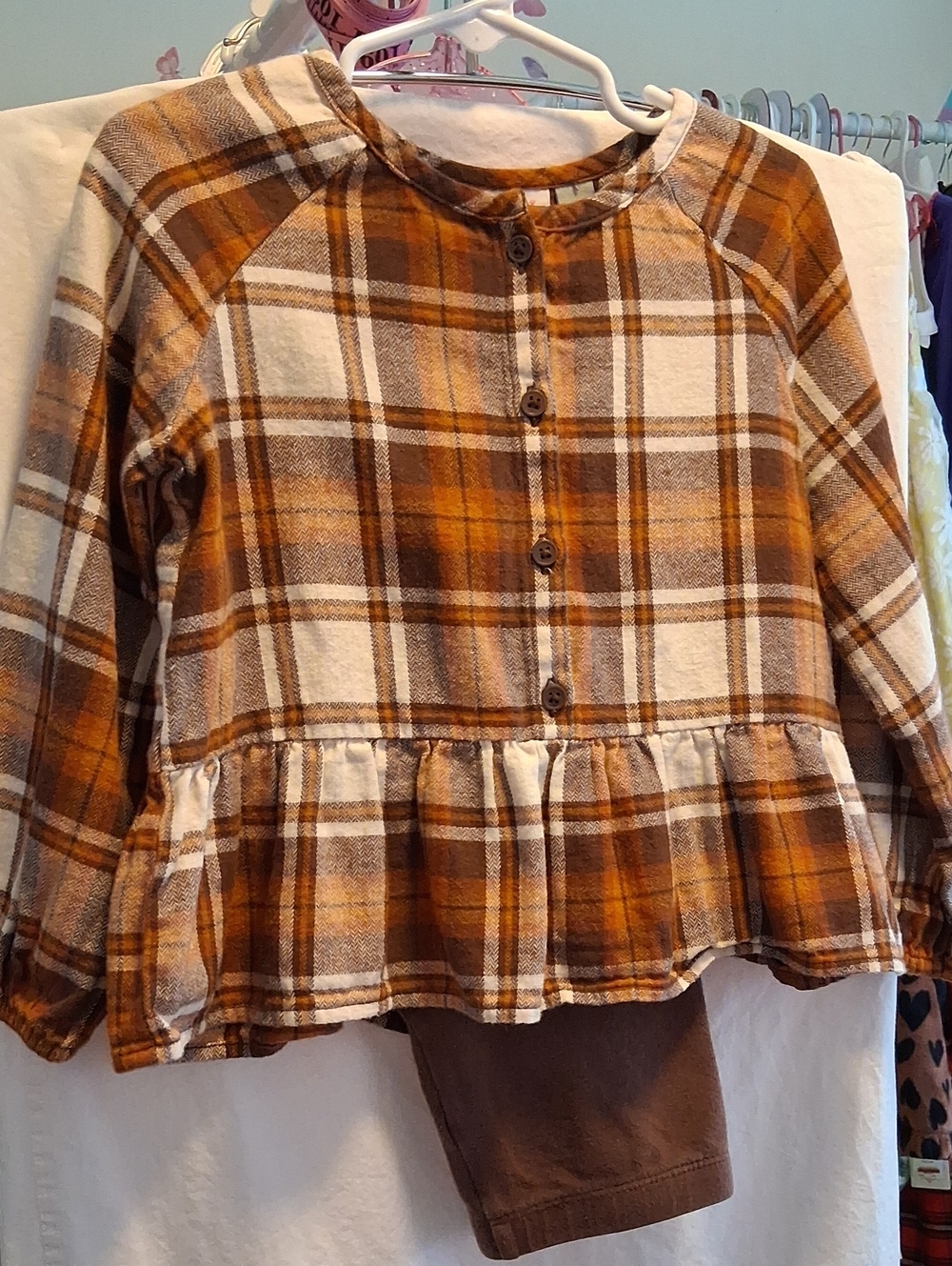 The Children's Place Brown and Cream Plaid Peplum Button-Down/Brown Legging.